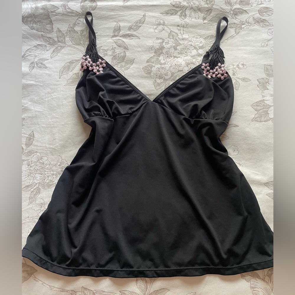 Rampage Y2K Black Floral Strap Babydoll Top Medium Slinky Whimsigoth Fairycore